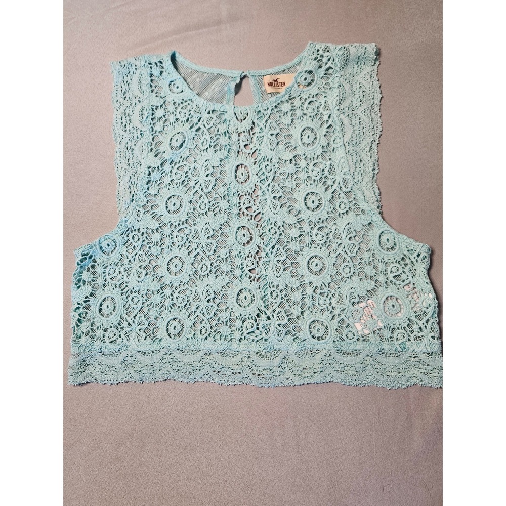 Hollister Lace Crop Top Womens Small‎ Blue Floral Sleeveless Mesh Keyhole Boho